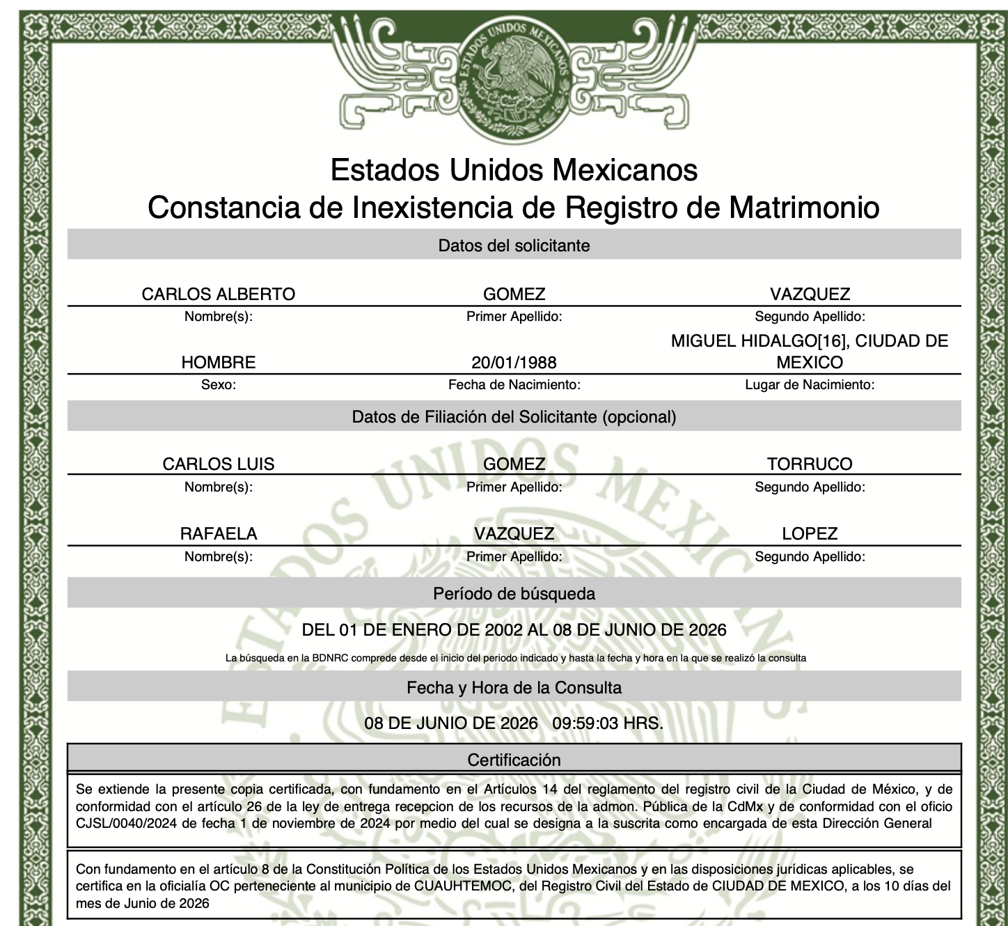 Acta digital de constancia de inexistencia de registro de matrimonio