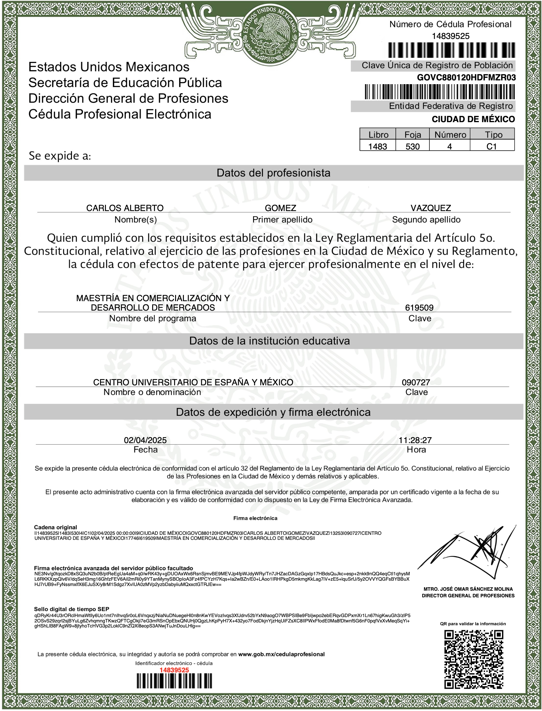 cédula de la Maestría en Comercialización y Desarrollo de Mercados