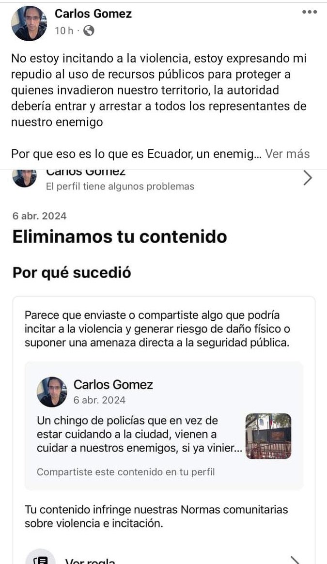 facebook elimino mi publicacion contra ecuador